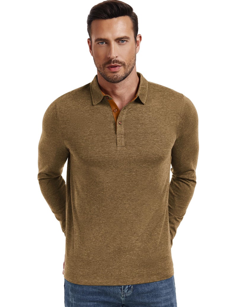 PEGENO Mens Polo Long Sleeve Shirt Classic Button Basic Solid Color Designed Collared Polo Shirt Fashion Casual Golf Shirts Vg-Khaki Large - Image 2