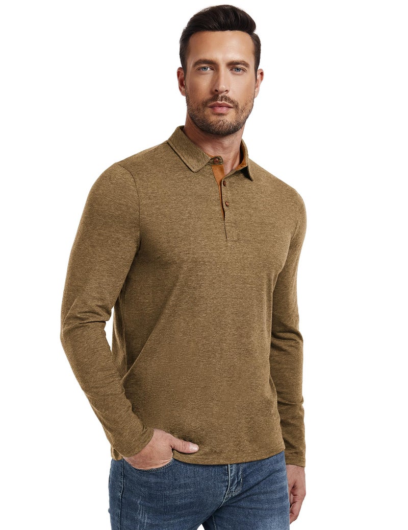 PEGENO Mens Polo Long Sleeve Shirt Classic Button Basic Solid Color Designed Collared Polo Shirt Fashion Casual Golf Shirts Vg-Khaki Large - Image 4