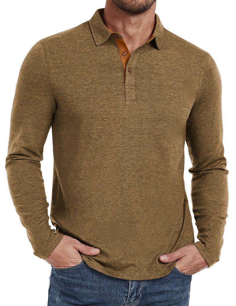 PEGENO Mens Polo Long Sleeve Shirt Classic Button Basic Solid Color Designed Collared Polo Shirt Fashion Casual Golf Shirts Vg-Khaki Large - Image 1