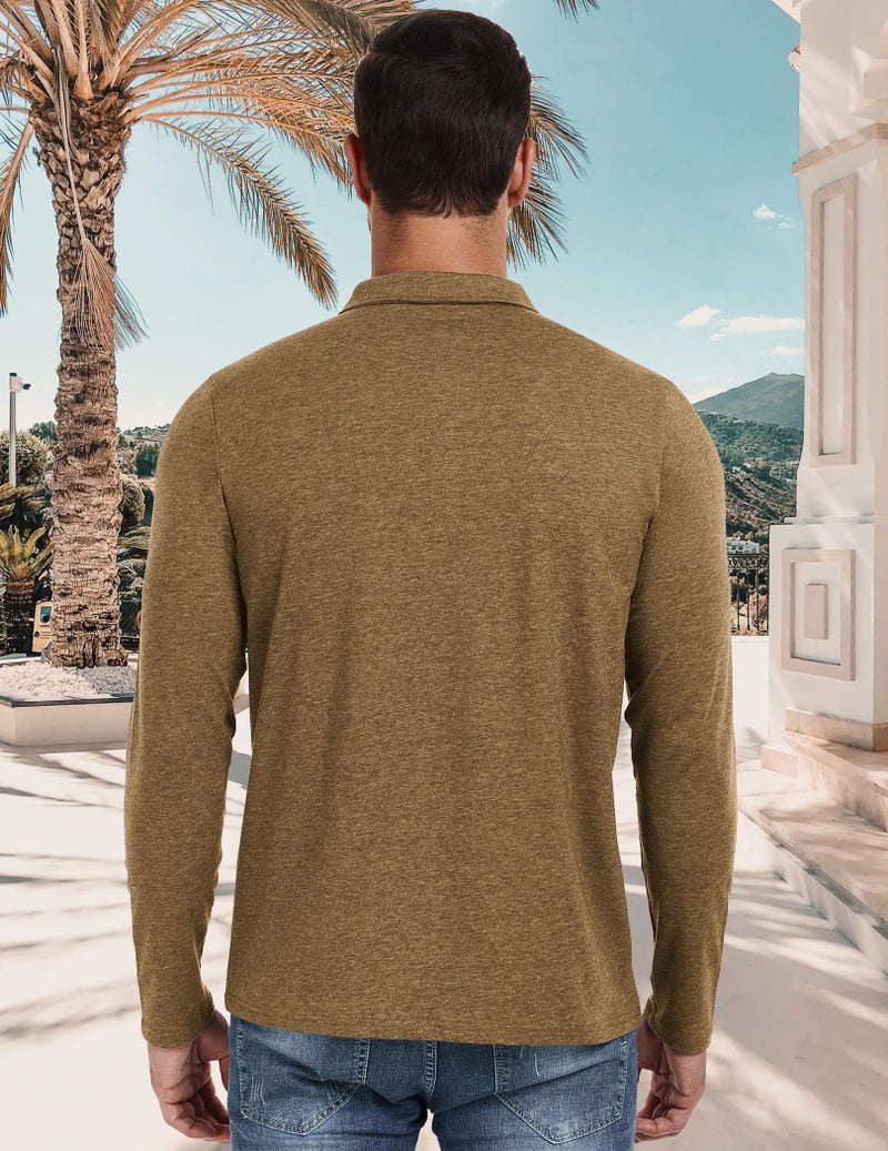 PEGENO Mens Polo Long Sleeve Shirt Classic Button Basic Solid Color Designed Collared Polo Shirt Fashion Casual Golf Shirts Vg-Khaki Large - Image 3