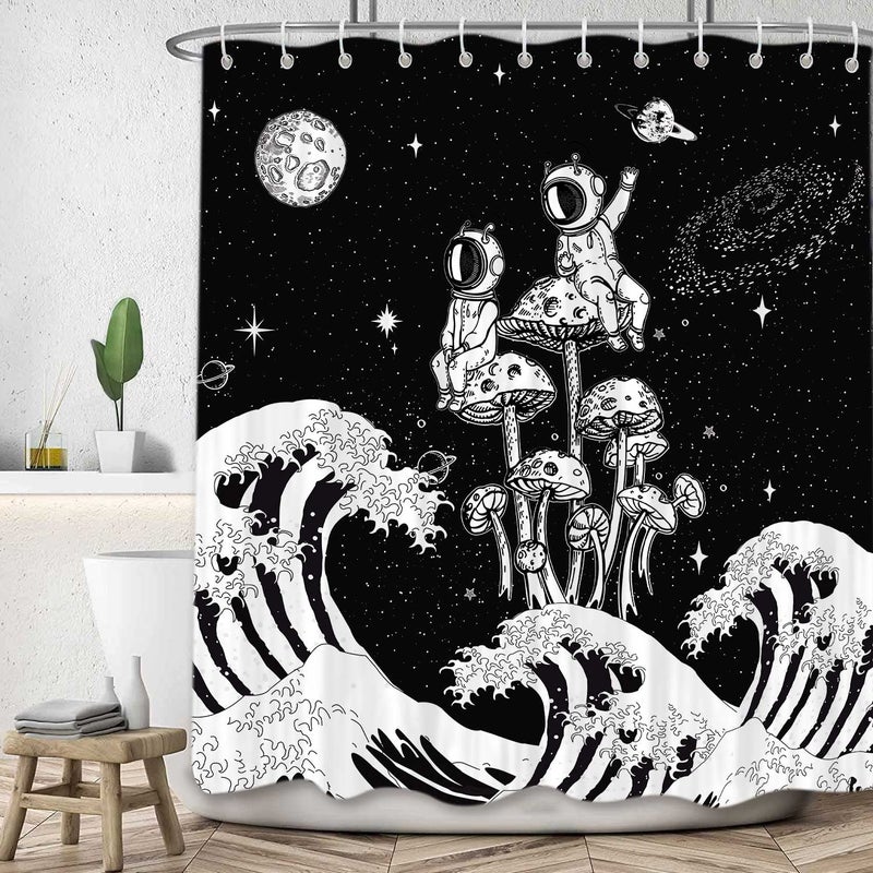 Funny Black and White Wave Shower Curtain for Bathroom Cool Mushroom Astronaut Space Art Fabric Shower Curtains Set Unique Japanese Galaxy Novelty Restroom Decor Accessories with Hooks 72X72inches