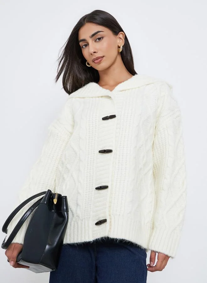 Styli Off White Cable Knit Oversized Hooded Cardigan