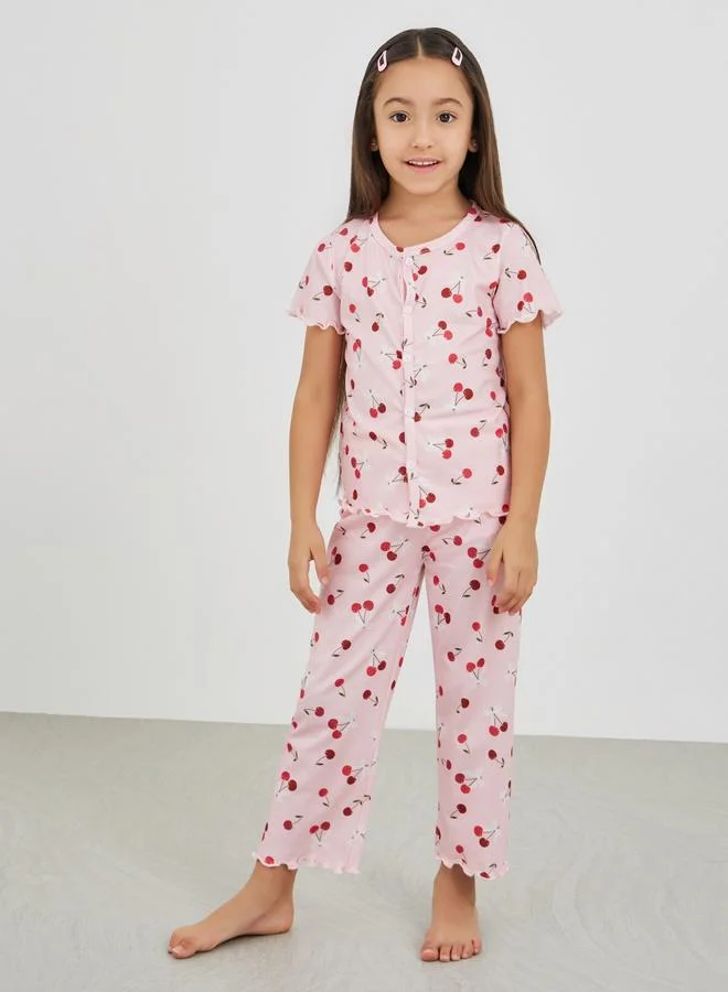 ستايلي Styli All-Over Print Buttoned Top and Pyjama Set