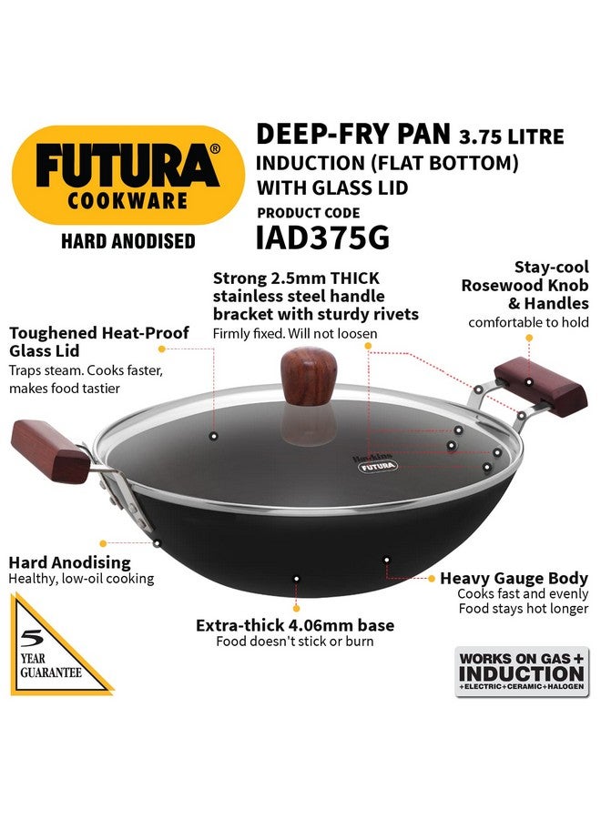 Hawkins Futura 3.75 Litre Deep-Fry Pan, Hard Anodised Kadhai with Glass Lid, Induction Frying Pan, Black (IAD375G) - Image 2