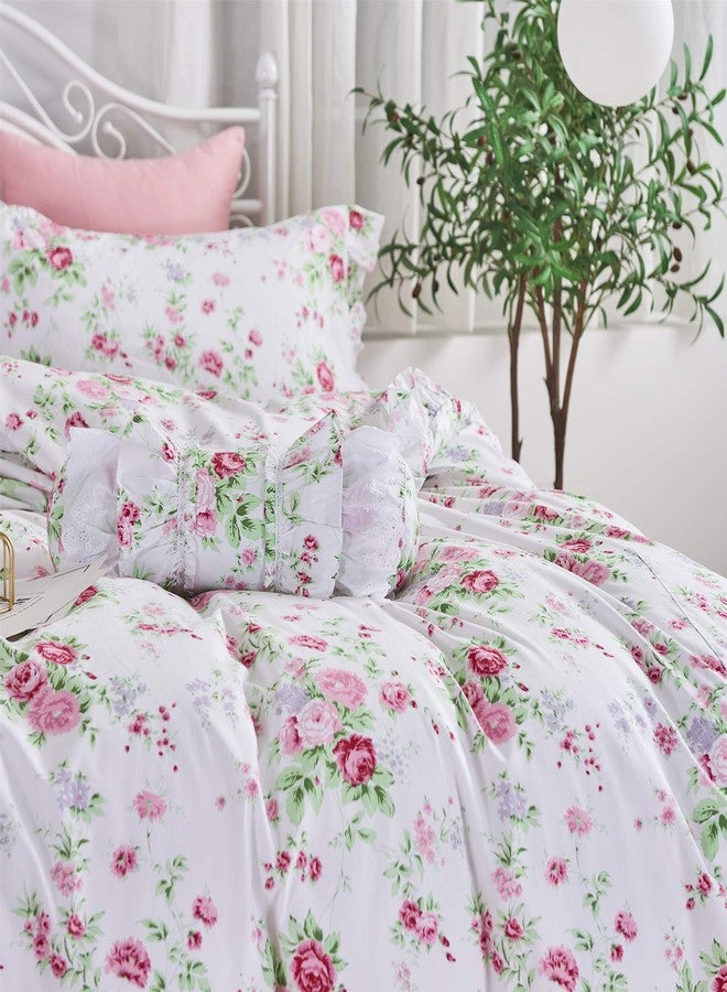 ABREEZE Pink Rose Duvet Cover Set Queen Size Girls Duvet Covers Ruffled Bedding Set Farmhouse Bedding Cotton Bedding Set 3 Pieces - Image 3