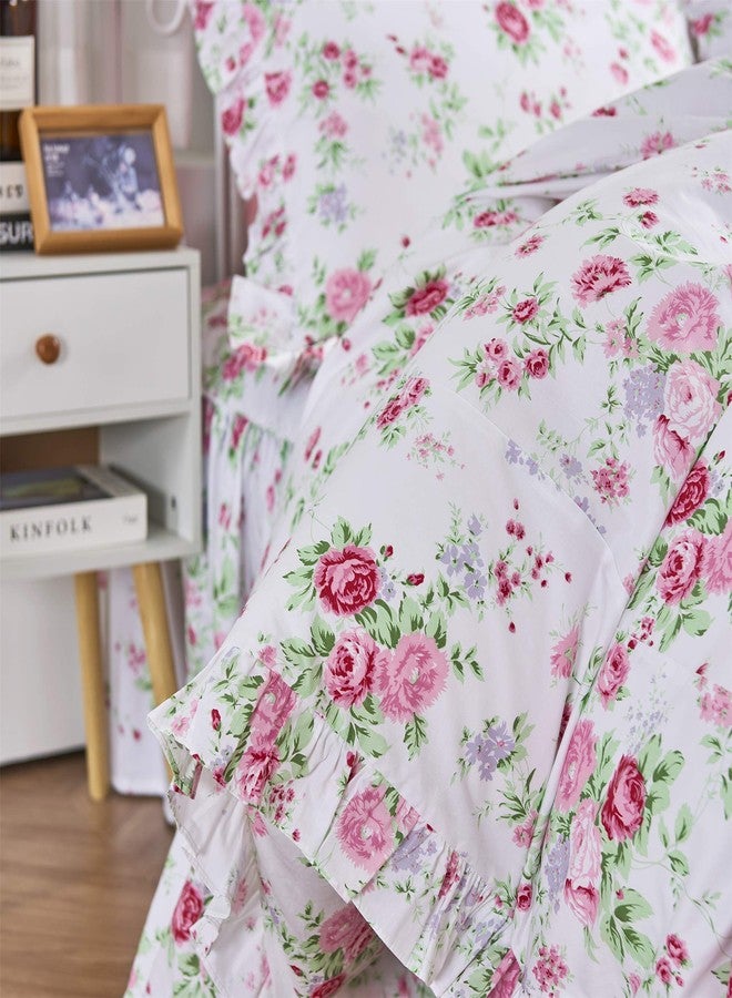 ABREEZE Pink Rose Duvet Cover Set Queen Size Girls Duvet Covers Ruffled Bedding Set Farmhouse Bedding Cotton Bedding Set 3 Pieces - Image 4