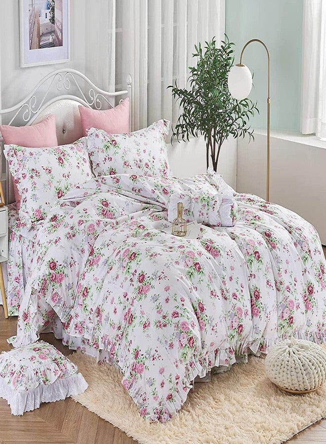 ABREEZE Pink Rose Duvet Cover Set Queen Size Girls Duvet Covers Ruffled Bedding Set Farmhouse Bedding Cotton Bedding Set 3 Pieces - Image 1