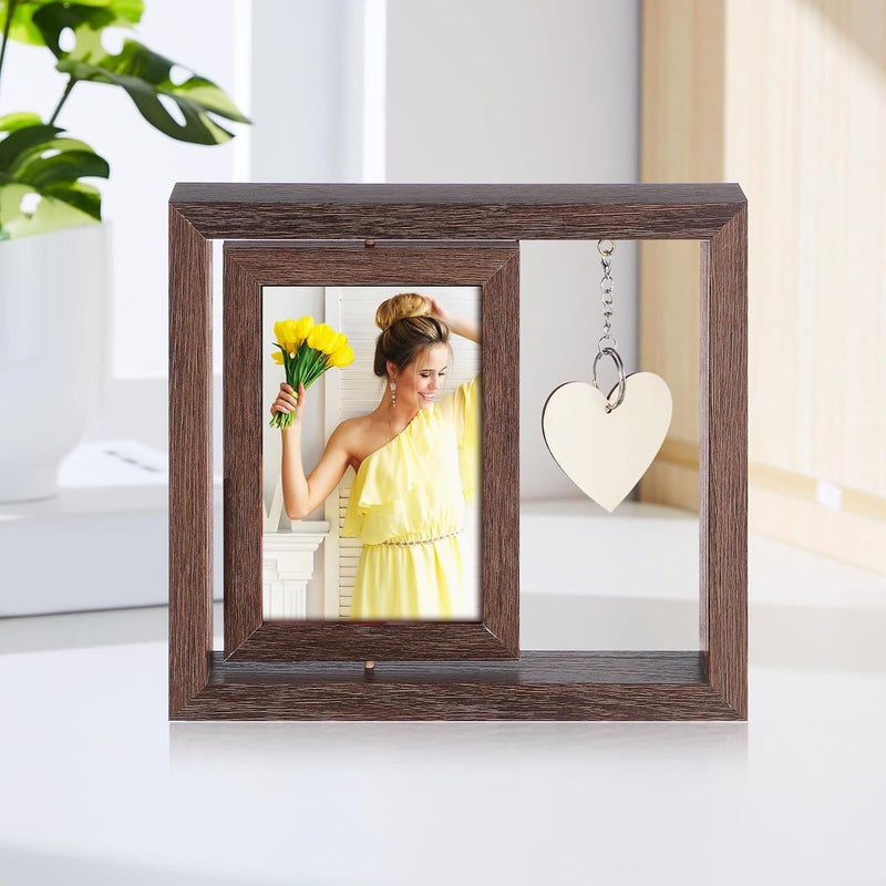 Simple multifunctional build Rotatable Wooden Picture Frame 6-inch Walnut Color Double-sided Memorial Floating Photo Frame with Blank Pendant for Couples Home Desk Décor Hot & cold climate compatible - Image 5