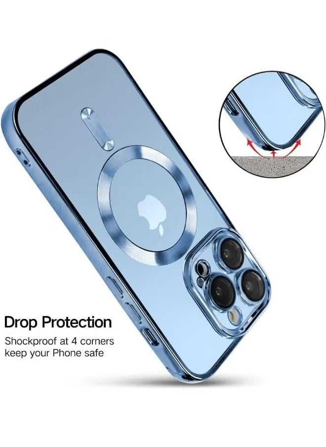 Generic - iPhone 15 Pro Max Case with Camera Lens Protector, Protective Case Compatible with Wireless Charging, Anti-Scratch Shockproof Protective Electroplated iPhone 15 Pro Max Case for Women Men - Blue - Image 1