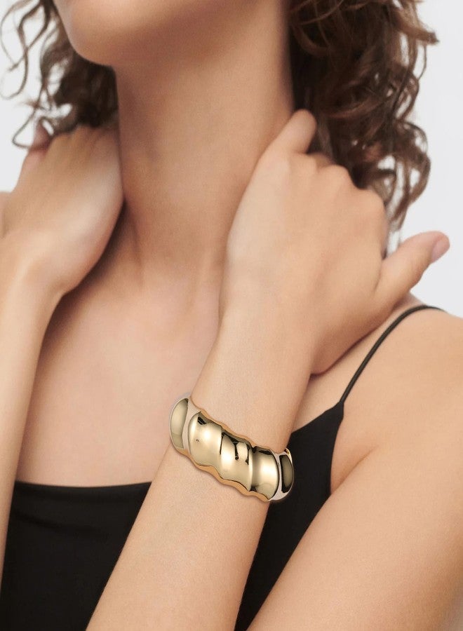 HZMAN 7.0Inch Chunky Bracelets for Women Thick Wide Bangle Bracelet High Polished Irregular Open Hinge Wrist Cuff Bracelet Jewelry Gift (Gold) - Image 3