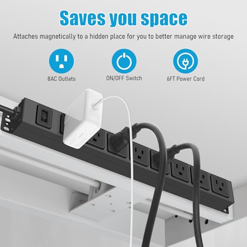 HHSOET Magnetic Mount Power Strip, 8 Outlet Mountable Socket, Metal Heavy Duty Surge Protector, Gaming Table Outlet, Easy to Fix Without Drilling or Taping, 6FT Extension Cord.(Black) - Image 4