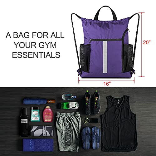 BeeGreen حقيبة ظهر رياضية من بي غرين باللون الأرجواني مع حجرة للأحذية وحاملين زجاجات ماء للرجال والنساء خفيفة الوزن ومتينة مع سحب رباط - Image 3