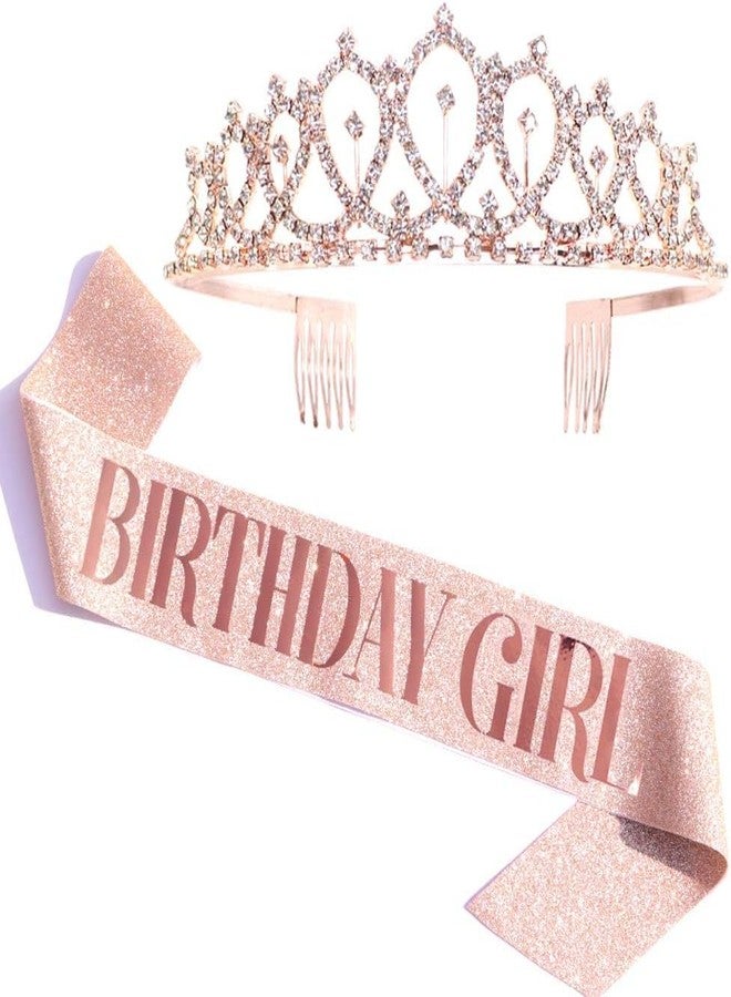 JEMICA Birthday Girl Sash & Rhinestone Tiara Kit - Rose Gold Birthday Gifts Glitter Birthday Sash Birthday Party Favors - Image 1