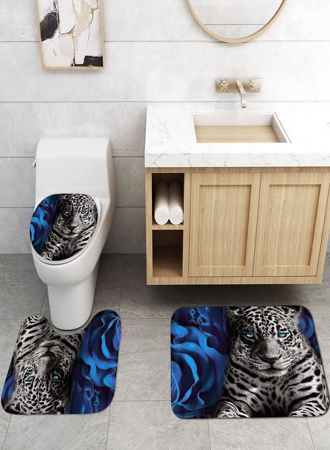 jieprom 4PCS Blue Rose and Leopard Shower Curtain Bathroom Set with Rugs, Toilet Lid Cover and Bath Mat, Blue Shower Curtain with 12 Hooks, Durable Bathroom Decor Set - Image 2