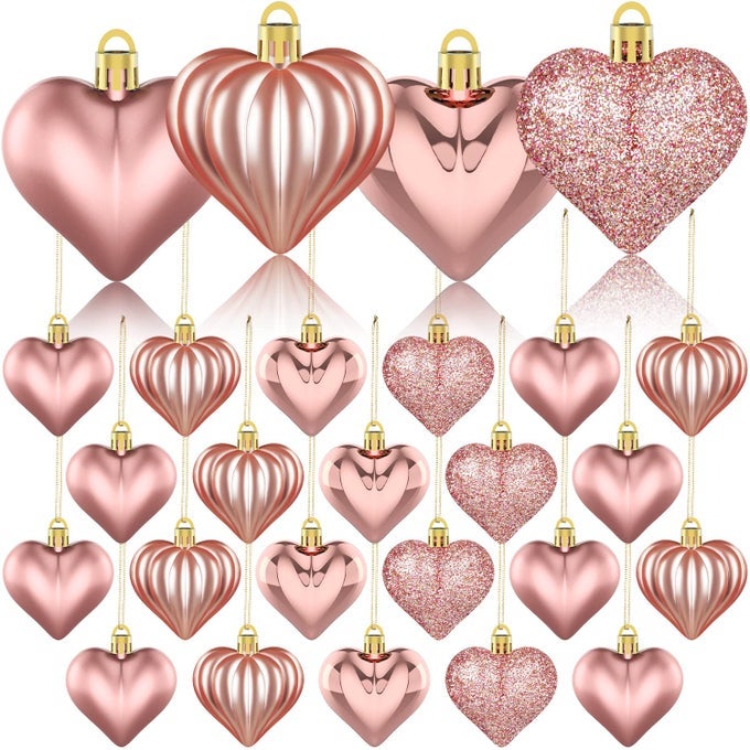 36PCS VALENTINES DAY DECOR HEART ORNAMENTS ROSE GOLD HEART SHAPED BAUBLES ORNAMENTS FOR VALENTINES DAY HANGING DECORATIONS OR WEDDING ANNIVERSARY PARTY SUPPLIES HOME TREE DECORATIONS 4 STYLES