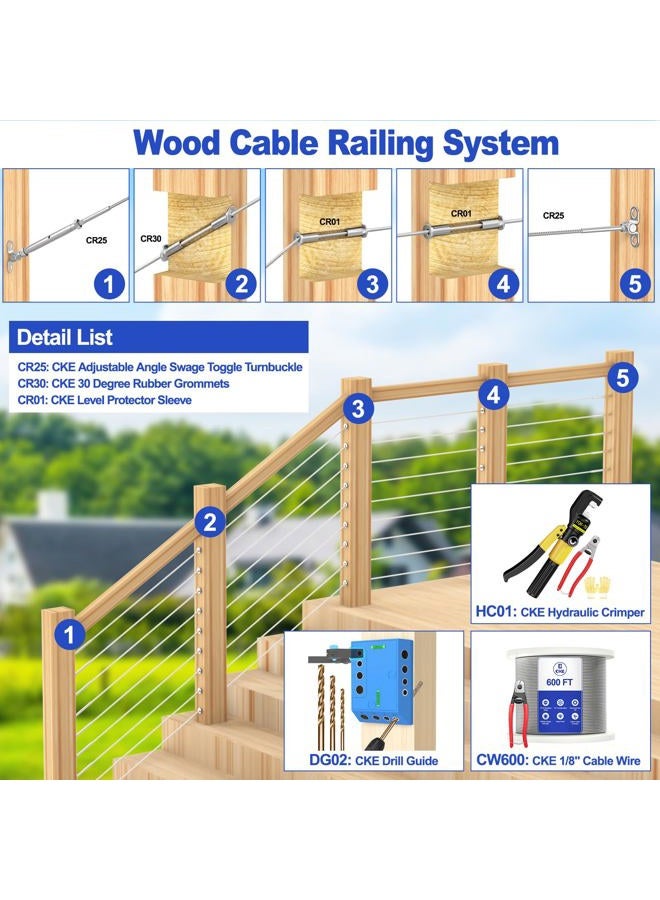 CKE [Patent Design] 40 Pack T316 Marine Grade Stainless Steel 30 Degree Angle Beveled Protector Sleeves Wood Post Protector for 1/8 Wire Rope Cable Railing, DIY Balustrade, Come with a Free Drill Bit - Image 5