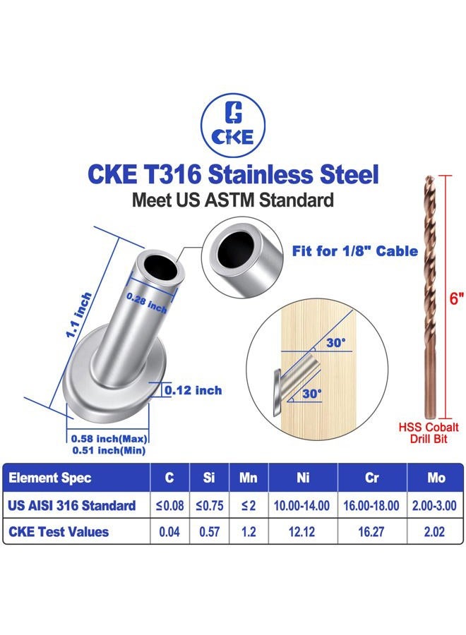 CKE [Patent Design] 40 Pack T316 Marine Grade Stainless Steel 30 Degree Angle Beveled Protector Sleeves Wood Post Protector for 1/8 Wire Rope Cable Railing, DIY Balustrade, Come with a Free Drill Bit - Image 2