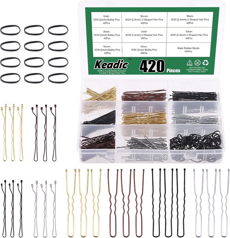 Keadic 421Pcs Metal Hair Pins Kit with Storage Case Includes 2Bobby Pins 24U Shaped Blonde Bun Clips HairPins Bulk and Hair Bands for Women Thick HairBronze Black Golden Silver