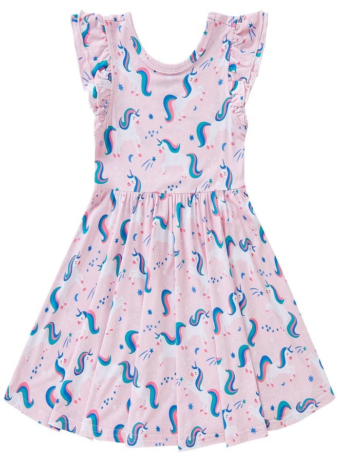 بيور بورن فستان بيوربورن للبنات الصغيرات من الفسكوز المصنوع من الخيزران، بأكمام مكشكشة، بتصميم يونيكورن وردي فاتح، مقاس 4T - Image 1