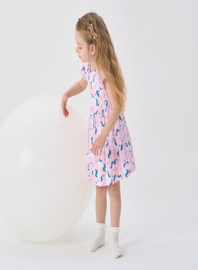 بيور بورن فستان بيوربورن للبنات الصغيرات من الفسكوز المصنوع من الخيزران، بأكمام مكشكشة، بتصميم يونيكورن وردي فاتح، مقاس 4T - Image 2