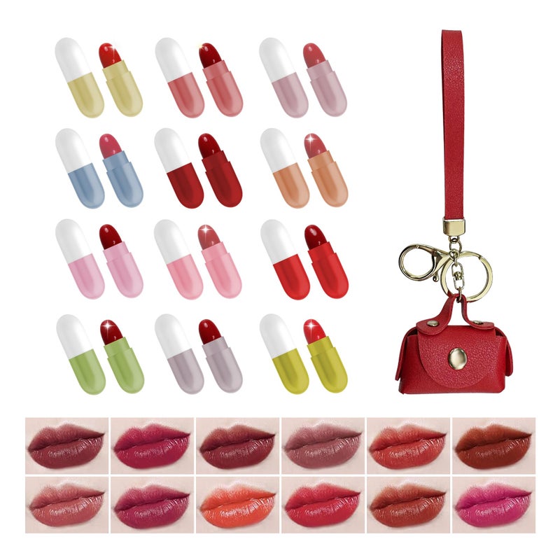Primo Lines 12 Pill Lipstick with 1 Cute Mini Red Leather Bag Keychain Pouch  Mini Lipstick Velvet Matte Smooth and Moisturizing Pill Lipsticks LongLasting Portable and Charming Look All Day Long