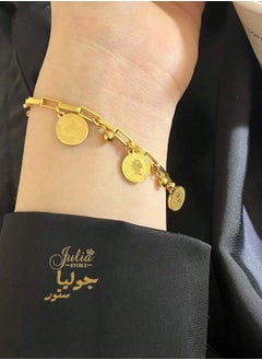جوليا ستور سوار من الفولاذ المقاوم للصدأ مطلي بالذهب عيار 18 قيراطًا على شكل عملة معدنية بوهو سلسلة وصلات قابلة للتعديل من الفولاذ المقاوم للصدأ على شكل عملات معدنية بوهيمية أنيقة وعصرية  - Image 5
