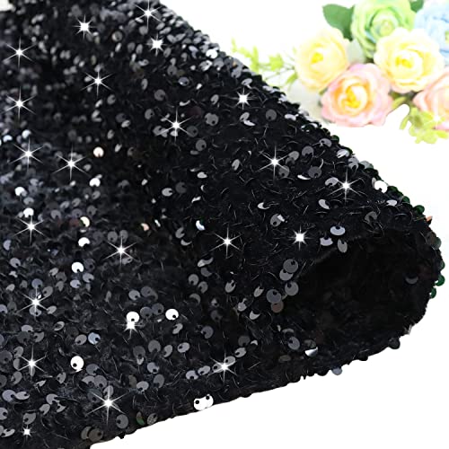 FOTSHARER Black Sequin Fabric by The Yard 1 Yard Velvet Fabric for Sewing Flip Sequins Material Sparkle Sequence Fabric Stretch Glitter Material for Wedding Dress Banquet Thick Quilting Mesh Fabric - Image 1