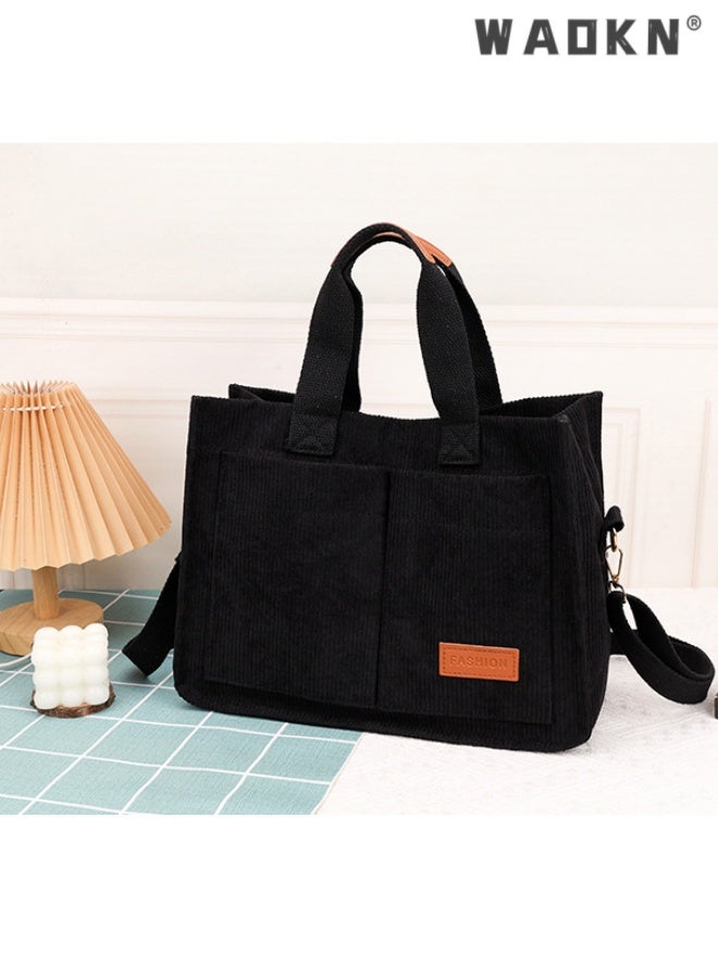 WAOKN Corduroy Tote Bag for Women Crossbody Canvas Purses Handbags Shoulder Bags Satchel Bag for Teen Girls,Large capacity trendy wide shoulder strap crossbody bag,suitable for women,34*25*14cm,black. - Image 3