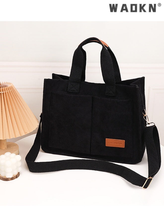 WAOKN Corduroy Tote Bag for Women Crossbody Canvas Purses Handbags Shoulder Bags Satchel Bag for Teen Girls,Large capacity trendy wide shoulder strap crossbody bag,suitable for women,34*25*14cm,black. - Image 2
