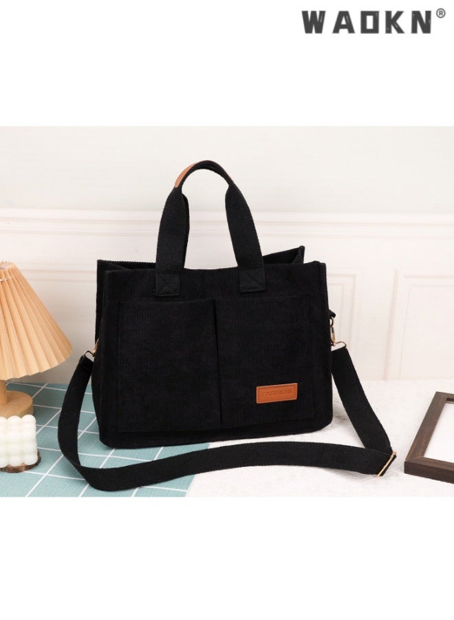 WAOKN Corduroy Tote Bag for Women Crossbody Canvas Purses Handbags Shoulder Bags Satchel Bag for Teen Girls,Large capacity trendy wide shoulder strap crossbody bag,suitable for women,34*25*14cm,black. - Image 5