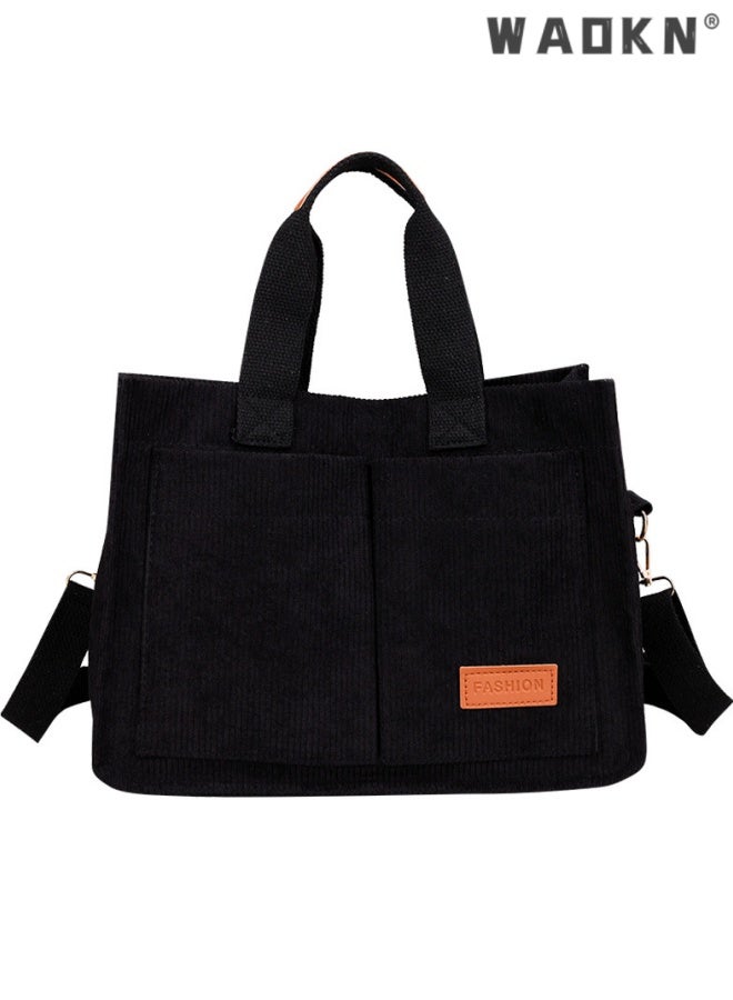 WAOKN Corduroy Tote Bag for Women Crossbody Canvas Purses Handbags Shoulder Bags Satchel Bag for Teen Girls,Large capacity trendy wide shoulder strap crossbody bag,suitable for women,34*25*14cm,black. - Image 1
