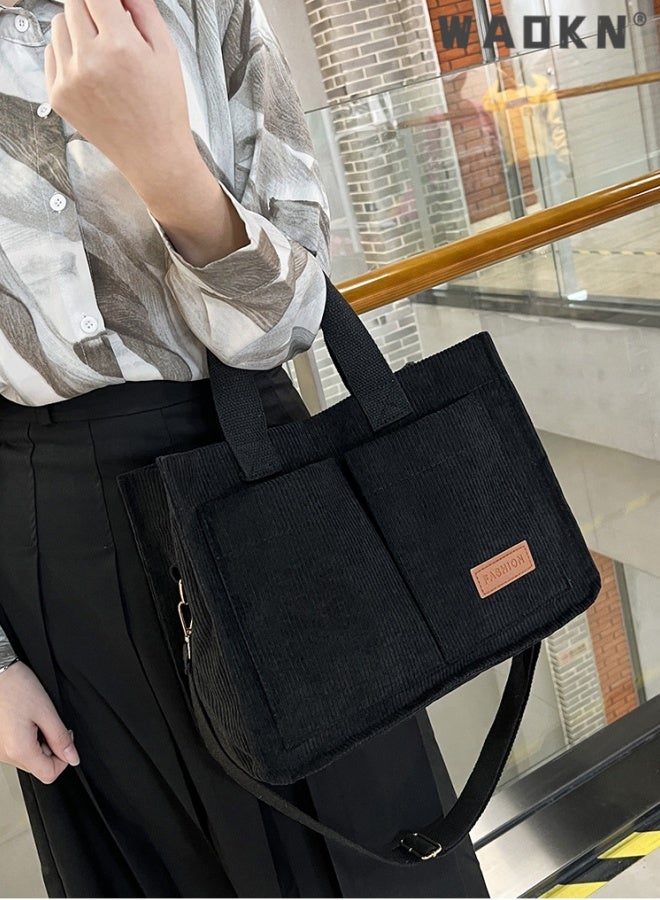 WAOKN Corduroy Tote Bag for Women Crossbody Canvas Purses Handbags Shoulder Bags Satchel Bag for Teen Girls,Large capacity trendy wide shoulder strap crossbody bag,suitable for women,34*25*14cm,black. - Image 4
