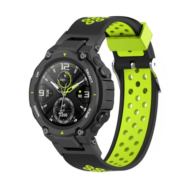 erorex For Amazfit T-Rex / T-Rex Pro / Ares 3-Row Holes Two-Color Silicone Watch Band(Black Green) - Image 1