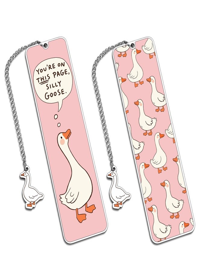 NUBARKO Pink Stuff Cute Bookmarks for Women Girls Book Lovers Book Marks for Reading Women Funny Book Lovers Gifts, Reading Accessories Gag Bookish Gifts for Readers Women Silly Metal Bookmarks Goose 2-Side - Image 1