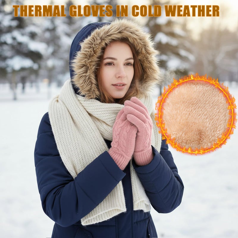 Leamekor Winter Warm Fleece Lined Gloves for Women, Thermal Wool Cable Knit Gloves for Cold Weather, Touchscreen Fingers Folding Cuffs (Pink, One Size) - Image 2