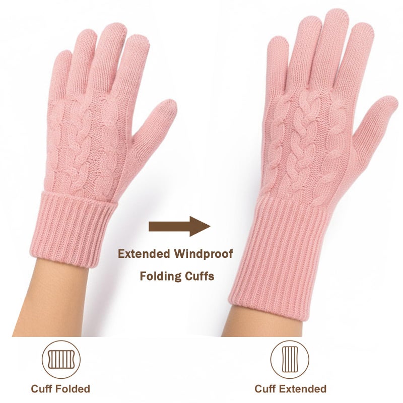 Leamekor Winter Warm Fleece Lined Gloves for Women, Thermal Wool Cable Knit Gloves for Cold Weather, Touchscreen Fingers Folding Cuffs (Pink, One Size) - Image 3