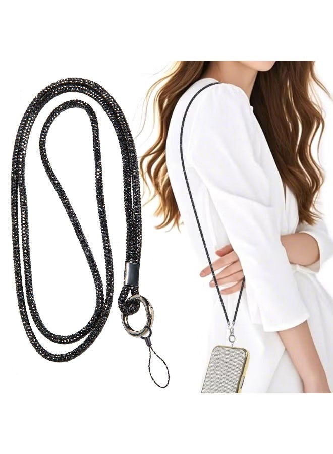 حبل هاتف كروس بودي، حبل هاتف كريستالي مع أحجار الراين اللامعة، حزام هاتف لامع لمعظم الهواتف، وأجهزة iPad، وحقائب اليد، والمحفظة، وحامل الهاتف على الرقبة للنساء (أسود) - Image 1