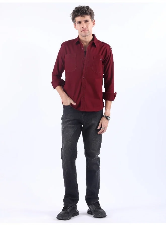 بيونغ قميص كتف قطني بقلاب عنابي