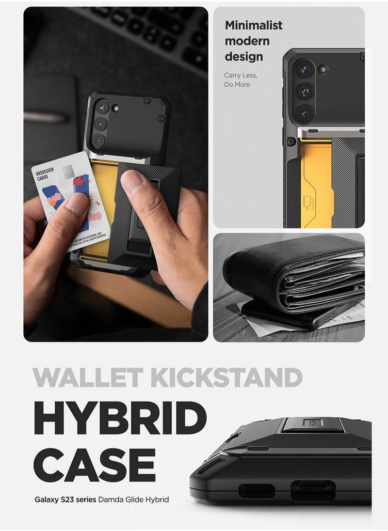 VRS Design Damda Glide Hybrid Samsung Galaxy S23 PLUS Case Cover Wallet with Semi Automatic Credit Card Holder Slot [3-4 Cards] & Kickstand - Black Groove  - Image 5