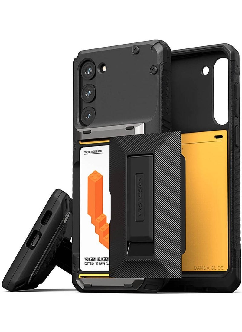 VRS Design Damda Glide Hybrid Samsung Galaxy S23 PLUS Case Cover Wallet with Semi Automatic Credit Card Holder Slot [3-4 Cards] & Kickstand - Black Groove  - Image 1