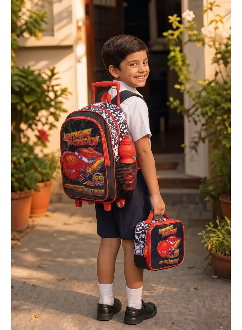 ديزني Disney Cars 5-in-1 Kids Trolley School Set 18" | Rolling Backpack, Lunch Bag, Lunch Box, Water Bottle & Pencil Case | Water Resistant | Boys School Bag