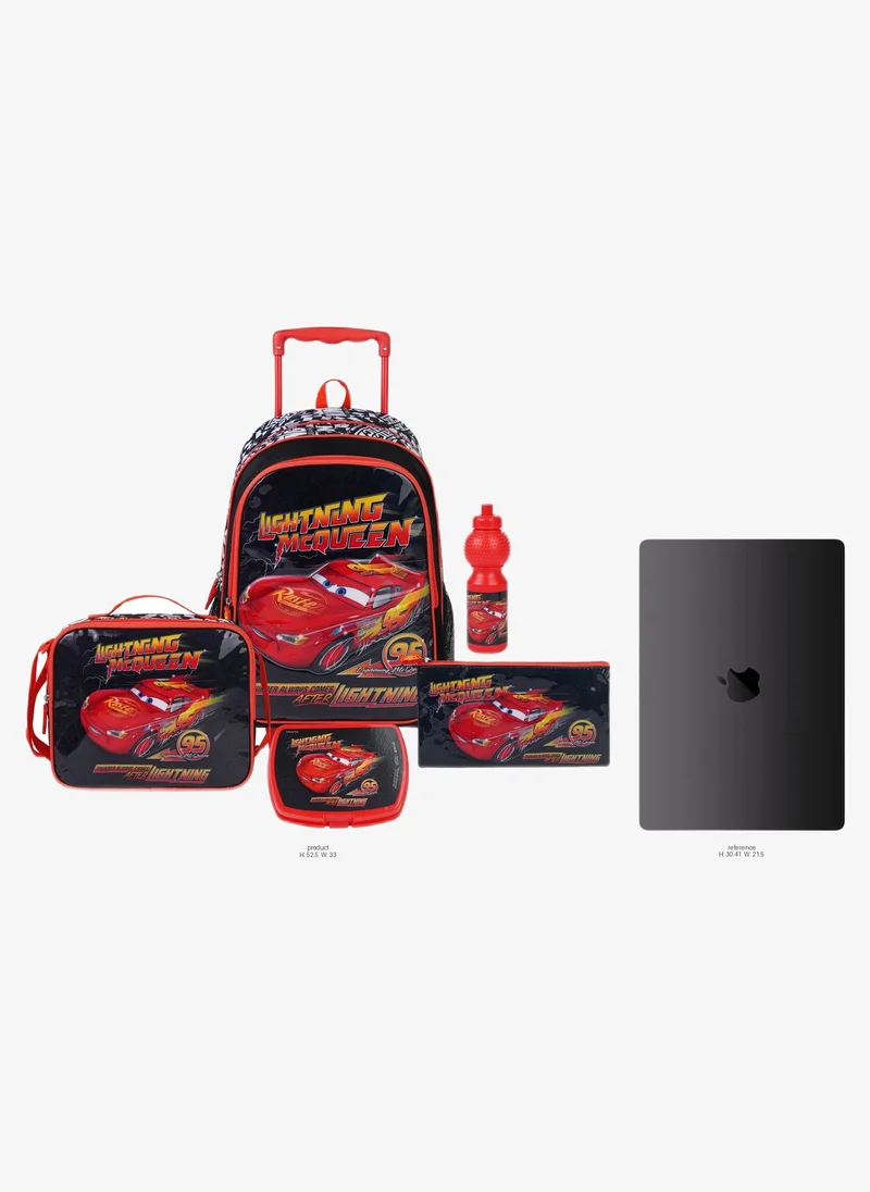 ديزني Disney Cars 5-in-1 Kids Trolley School Set 18" | Rolling Backpack, Lunch Bag, Lunch Box, Water Bottle & Pencil Case | Water Resistant | Boys School Bag