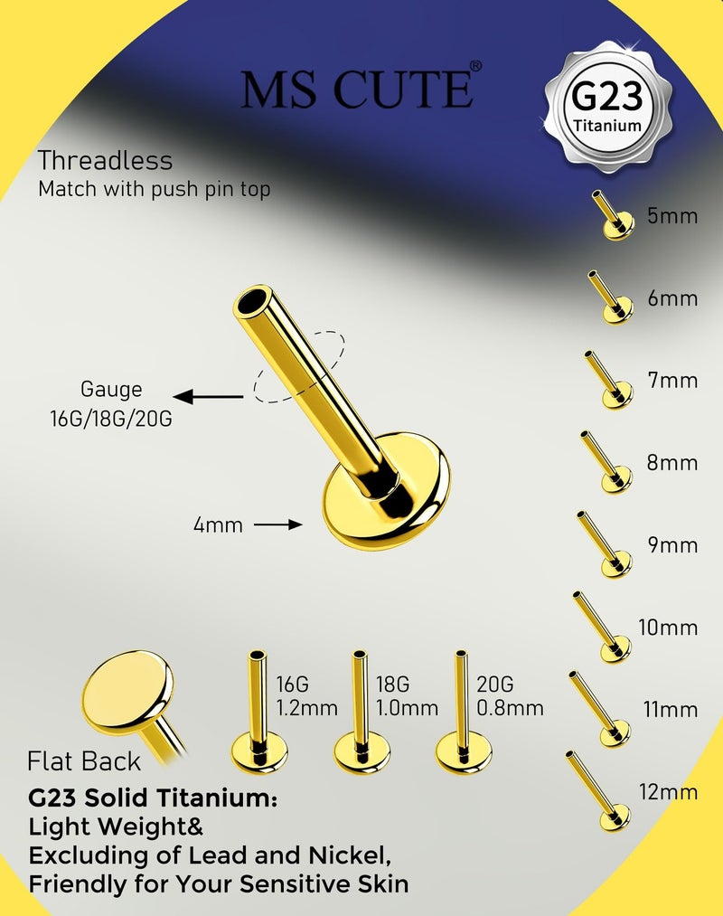 MS CUTE 18G 5mm Gold G23 Titanium Threadless Flat Back Post â€“ Push Pin Stud Bar for Lobe and Tragus Piercing, Short Length Lightweight Replacement Shaft, 2PCS Titanium Jewelry - Image 2