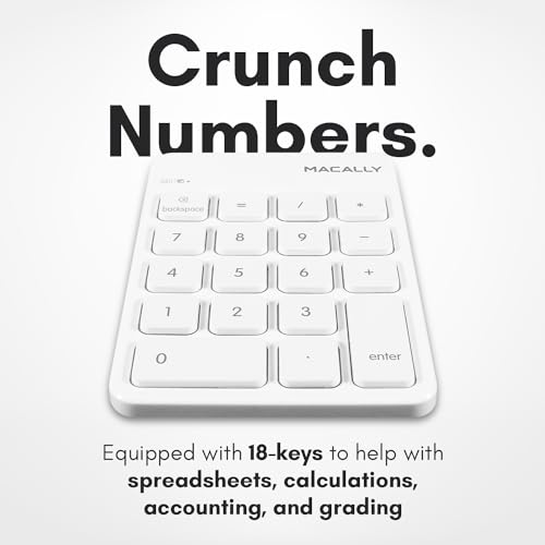Macally Bluetooth Number Pad for Laptop, Apple, Mac, iMac, MacBook Pro/Air, Ipad, Windows PC, Tablet, or Desktop Computer - Rechargeable 18 Key Wireless Numeric Keypad - White Bluetooth 10 Key Numpad - Image 3