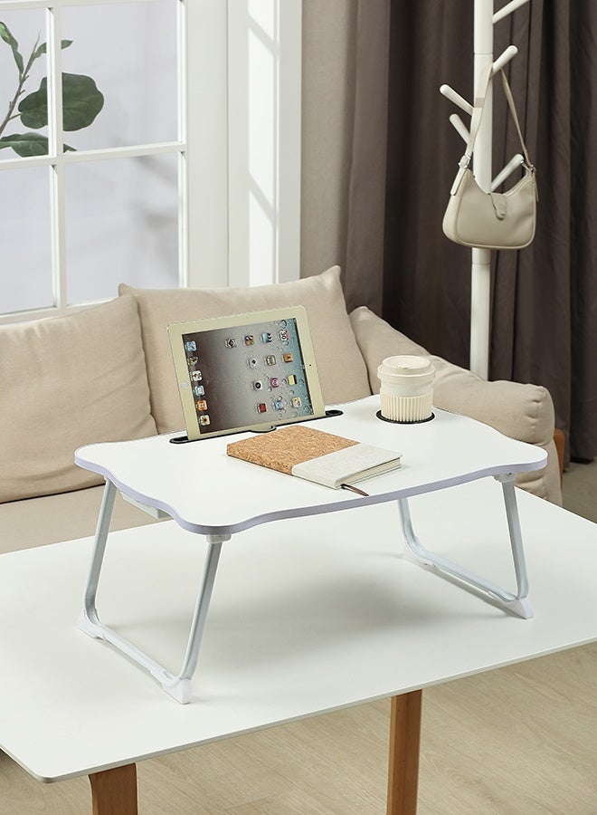 LAWAZIM Folding Table With Drawer - White - Laptop Bed Tray Desk with Flat Surface, Device Slot, Cup Holder, and Storage Drawer - Ideal for Bed, Sofa, Floor, Studying, Eating, Reading, and Writing - Image 1