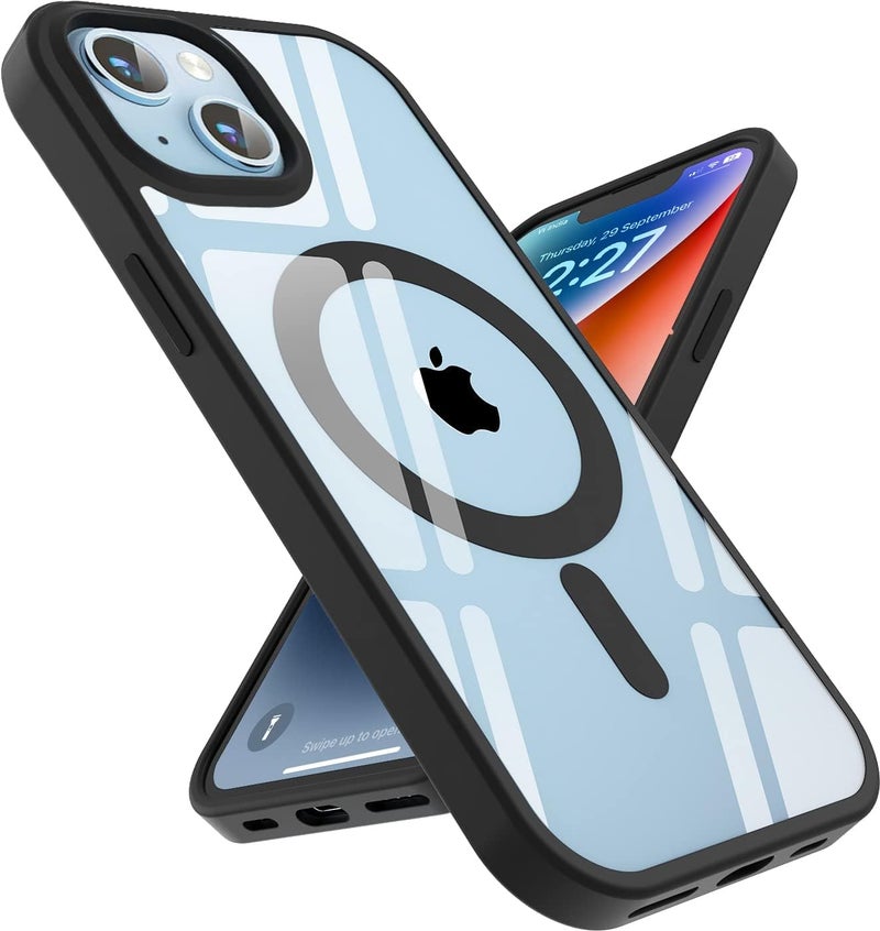 EGOTUDE Ultra-Hybrid Magnetic Basic Case Cover with Built in Magnets Compatible with Mag For iPhone 14 / iPhone 13 (Polycarbonate, Transparent Back) (Black) - Image 1