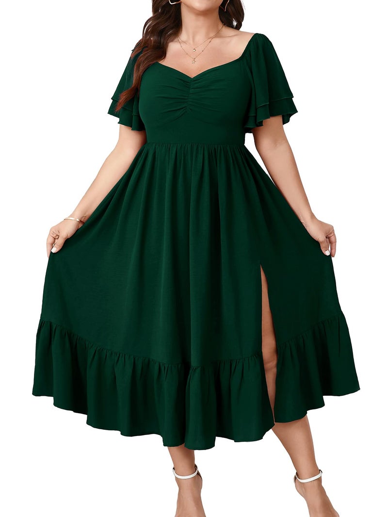 SCOMCHIC Womens Plus Size Wedding Guest Cocktail Dresses Sweetheart Neckline Short Sleeve Smocked Ruffle Slit Maxi Dress Emerald Green - Image 1