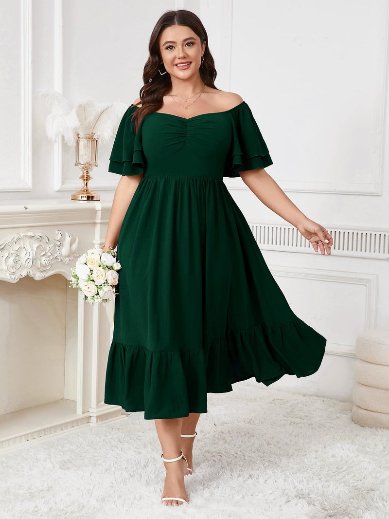 SCOMCHIC Womens Plus Size Wedding Guest Cocktail Dresses Sweetheart Neckline Short Sleeve Smocked Ruffle Slit Maxi Dress Emerald Green - Image 5