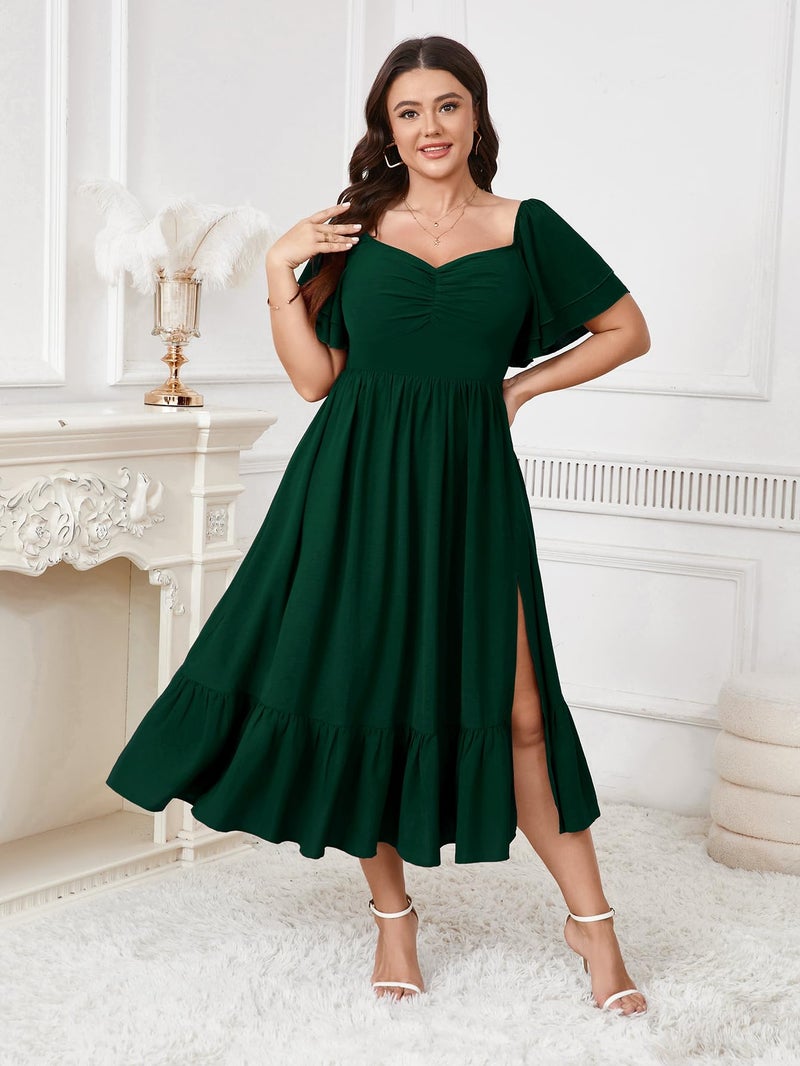 SCOMCHIC Womens Plus Size Wedding Guest Cocktail Dresses Sweetheart Neckline Short Sleeve Smocked Ruffle Slit Maxi Dress Emerald Green - Image 2