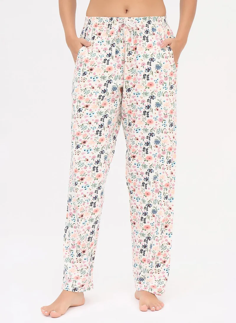 Clovia Clovia Floral Print Pyjama in White - 100% Cotton